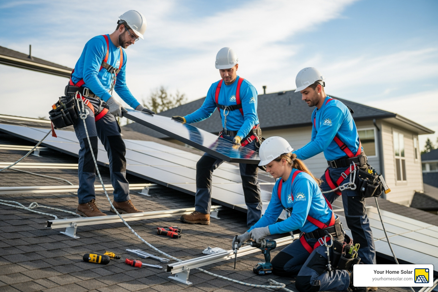 professional and friendly installation team safely working on a roof - residential solar panel professional and friendly installation team safely working on a roof - residential solar panel