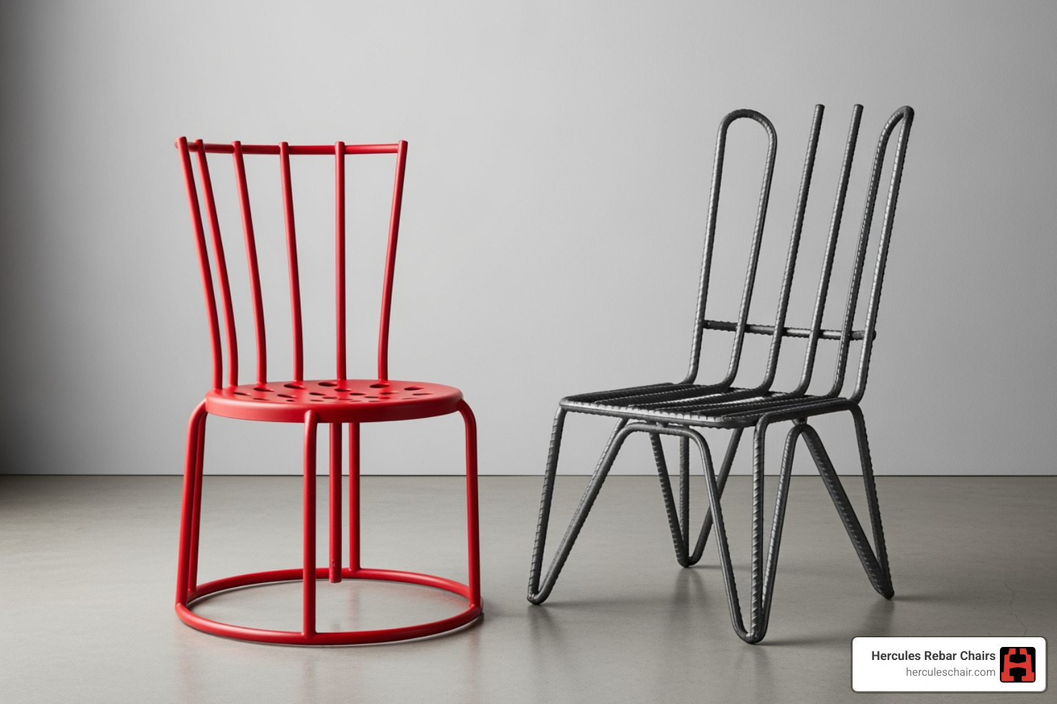 red plastic rebar chair next to a grey steel rebar chair - 3 inch rebar chair