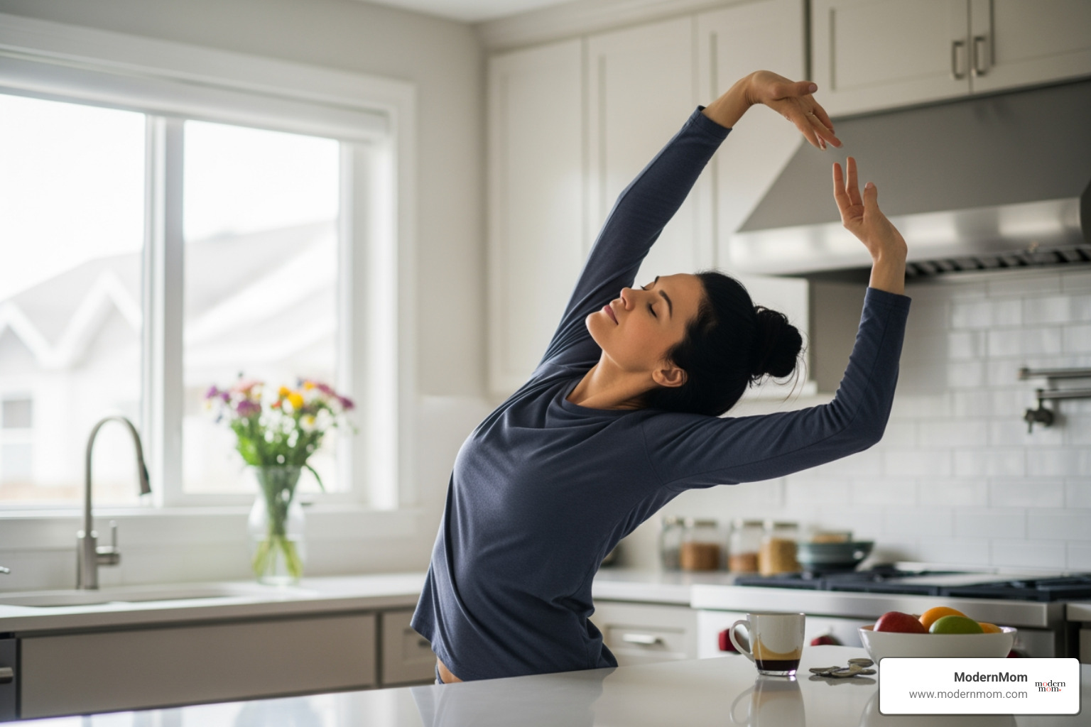 woman stretching at kitchen counter - Mental Health & Emotional Reset woman stretching at kitchen counter - Mental Health & Emotional Reset