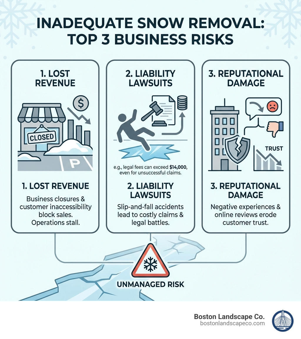 Infographic explaining the top 3 risks of inadequate snow removal: lost revenue, liability lawsuits, and reputational damage - snow removal for businesses infographic 