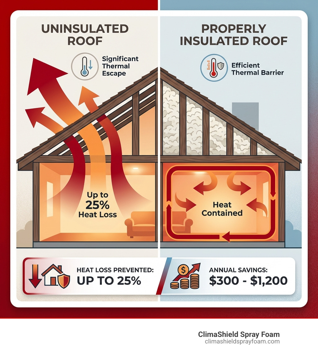 Infographic comparing an uninsulated roof with heat arrows escaping upward through rafters versus a properly insulated roof showing heat contained within the living space, with percentages showing up to 25% heat loss prevented and annual savings of $300-$1200 - best rafter insulation infographic Infographic comparing an uninsulated roof with heat arrows escaping upward through rafters versus a properly insulated roof showing heat contained within the living space, with percentages showing up to 25% heat loss prevented and annual savings of $300-$1200 - best rafter insulation infographic