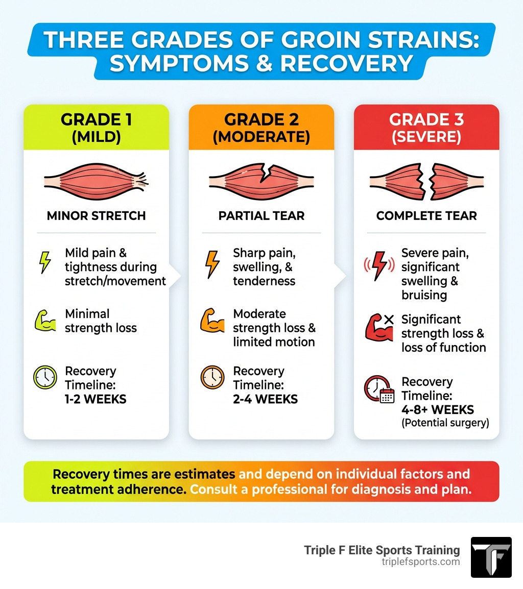infographic showing the three grades of groin strains with symptoms and recovery timelines for each grade - groin pull prevention infographic infographic showing the three grades of groin strains with symptoms and recovery timelines for each grade - groin pull prevention infographic