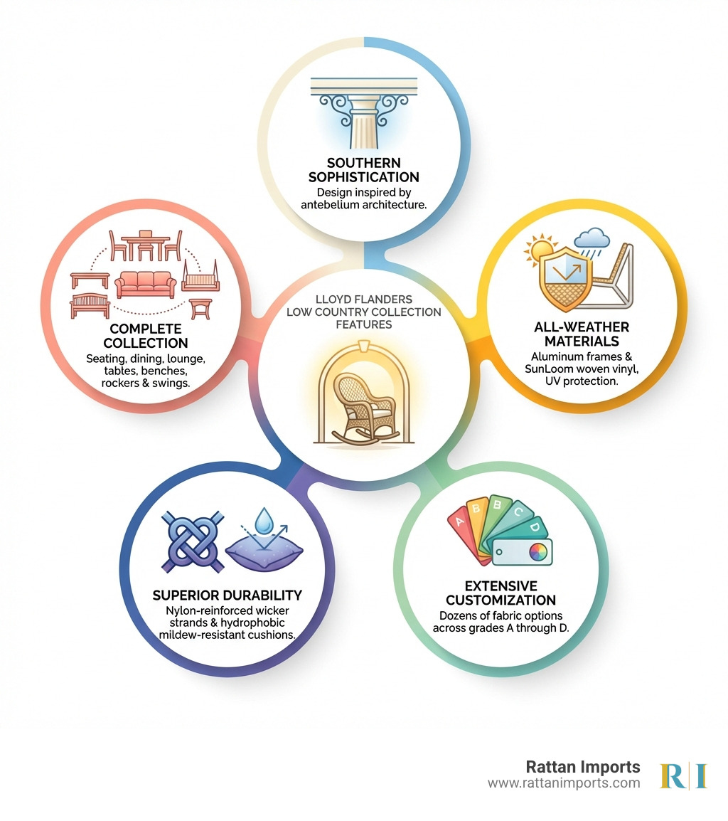 Infographic showing Lloyd Flanders Low Country collection features: Southern Sophistication design inspired by antebellum architecture, All-Weather Materials including aluminum frames and SunLoom woven vinyl with UV protection, Extensive Customization with dozens of fabric options across grades A through D, Superior Durability with nylon-reinforced wicker strands and hydrophobic mildew-resistant cushions, and Complete Collection including seating, dining, lounge pieces, tables, benches, rockers and swings - Lloyd Flanders Low Country collection infographic Infographic showing Lloyd Flanders Low Country collection features: Southern Sophistication design inspired by antebellum architecture, All-Weather Materials including aluminum frames and SunLoom woven vinyl with UV protection, Extensive Customization with dozens of fabric options across grades A through D, Superior Durability with nylon-reinforced wicker strands and hydrophobic mildew-resistant cushions, and Complete Collection including seating, dining, lounge pieces, tables, benches, rockers and swings - Lloyd Flanders Low Country collection infographic