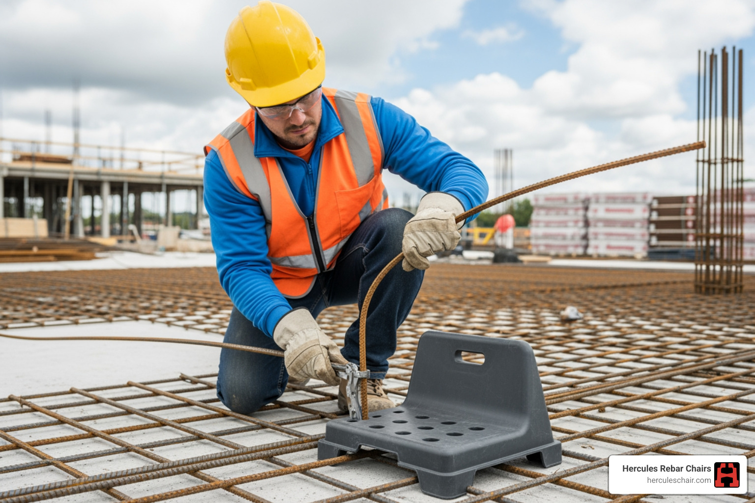 construction worker snapping rebar into a Hercules rebar chair - bar chairs for concrete