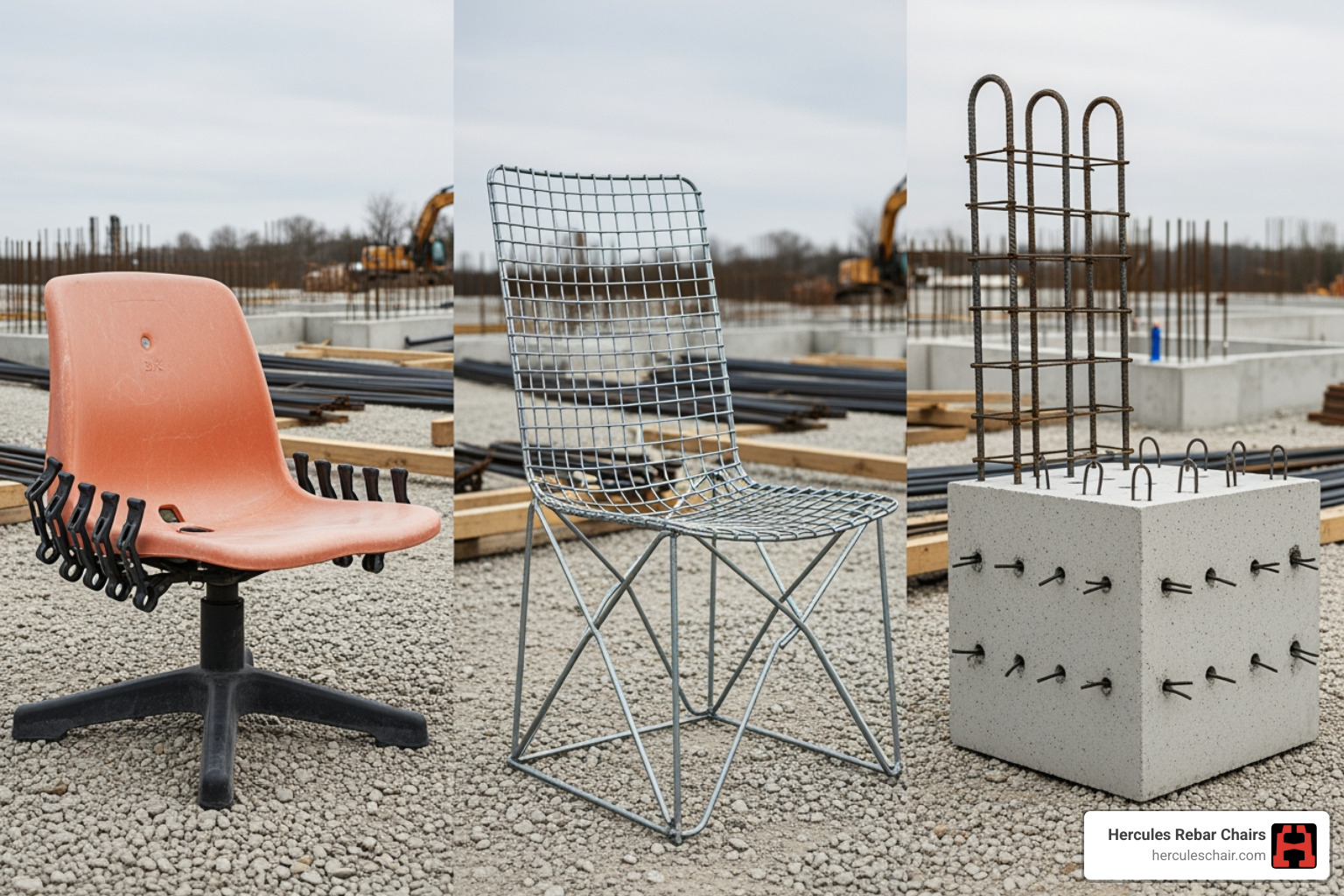 side-by-side comparison of plastic, metal, and concrete bar chairs - bar chairs for concrete