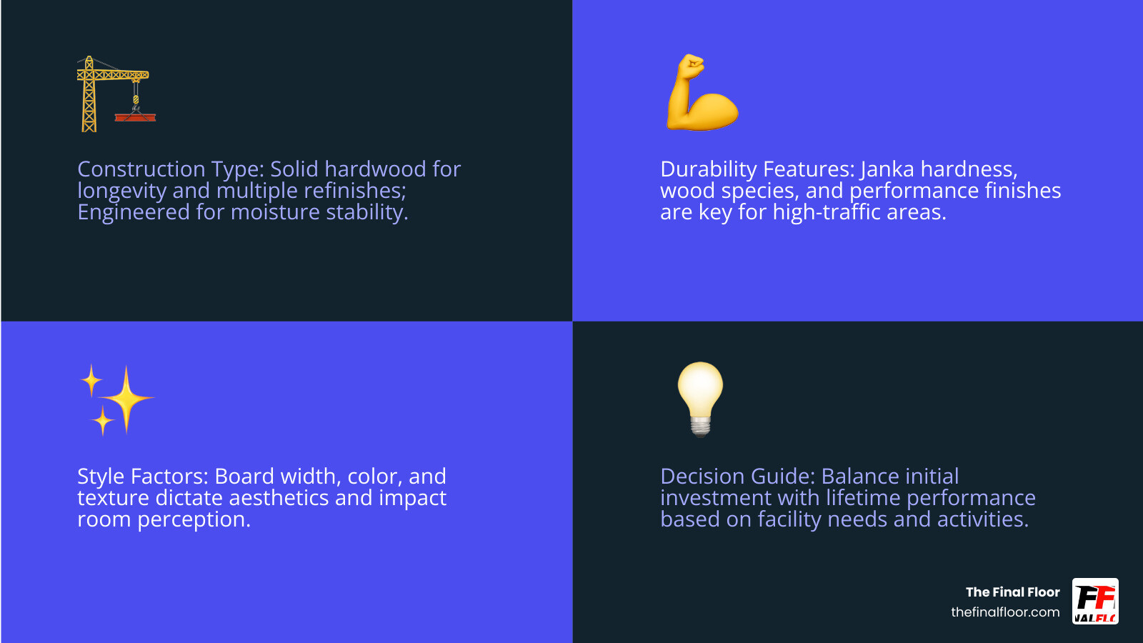 Infographic showing three decision pillars for choosing hardwood flooring: Construction (Solid vs Engineered with cross-section diagrams), Durability (wood species hardness ratings and finish types), and Style (board width options and color samples) - best hardwood floors infographic 4_facts_emoji_blue