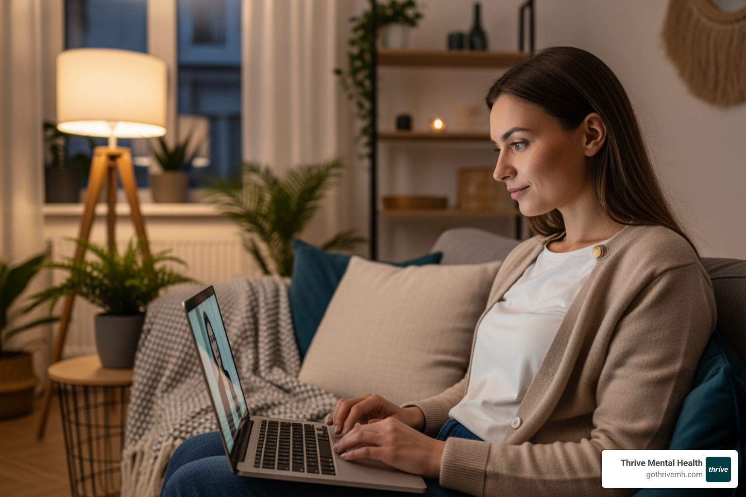 person attending a virtual therapy session on laptop after work - flexible outpatient mental health programs st. petersburg fl for working adults