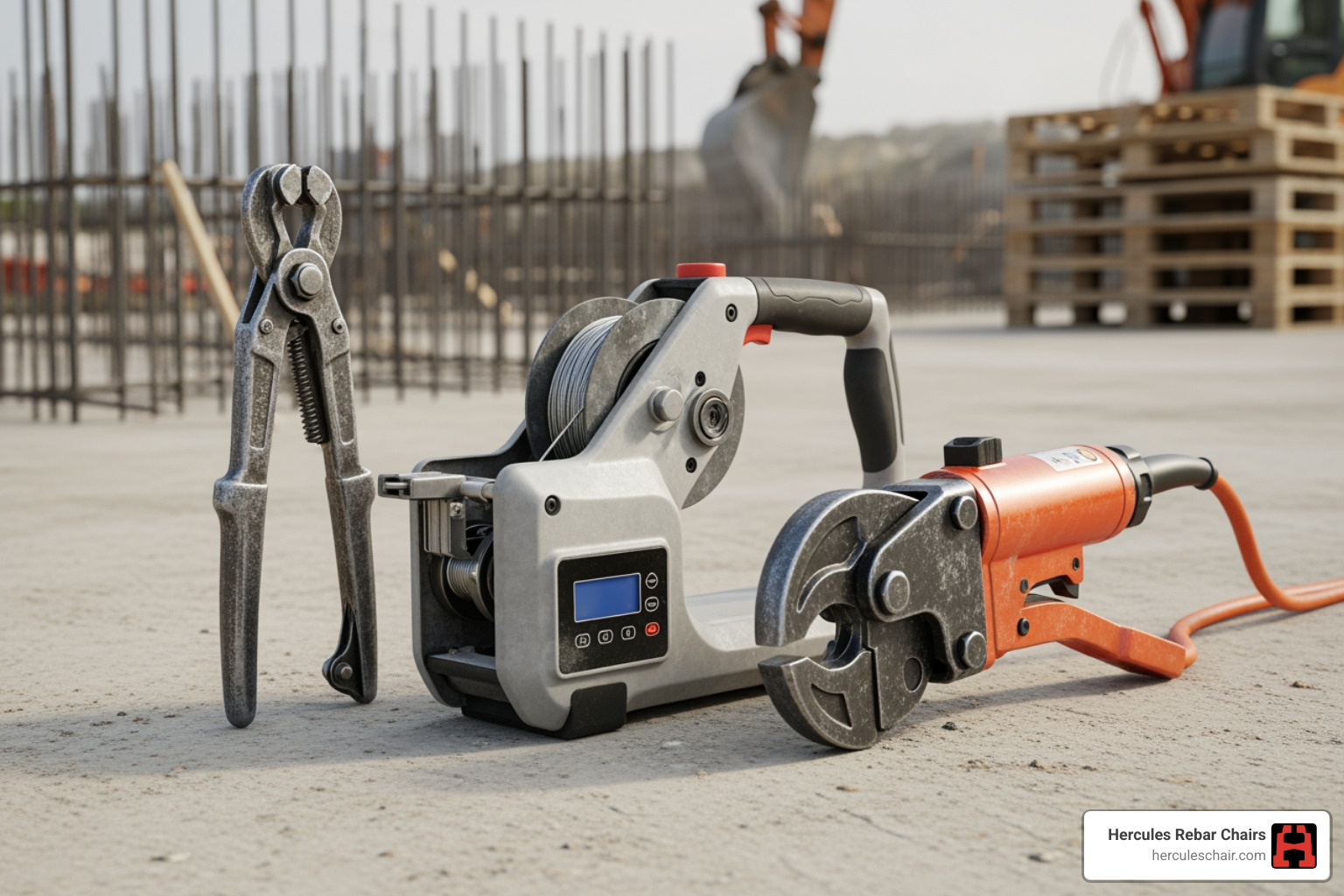 various rebar tools including a manual pincer, an automated tier, and a rebar cutter - rebar connection tool