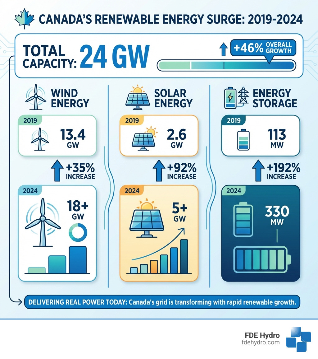 Infographic showing Canada's renewable energy capacity growth from 2019-2024: Wind energy grew from 13.4 GW to 18+ GW (35% increase), solar energy grew from 2.6 GW to 5+ GW (92% increase), and energy storage grew from 113 MW to 330 MW (192% increase), with total installed capacity reaching 24 GW representing 46% overall growth - renewable energy projects infographic Infographic showing Canada's renewable energy capacity growth from 2019-2024: Wind energy grew from 13.4 GW to 18+ GW (35% increase), solar energy grew from 2.6 GW to 5+ GW (92% increase), and energy storage grew from 113 MW to 330 MW (192% increase), with total installed capacity reaching 24 GW representing 46% overall growth - renewable energy projects infographic
