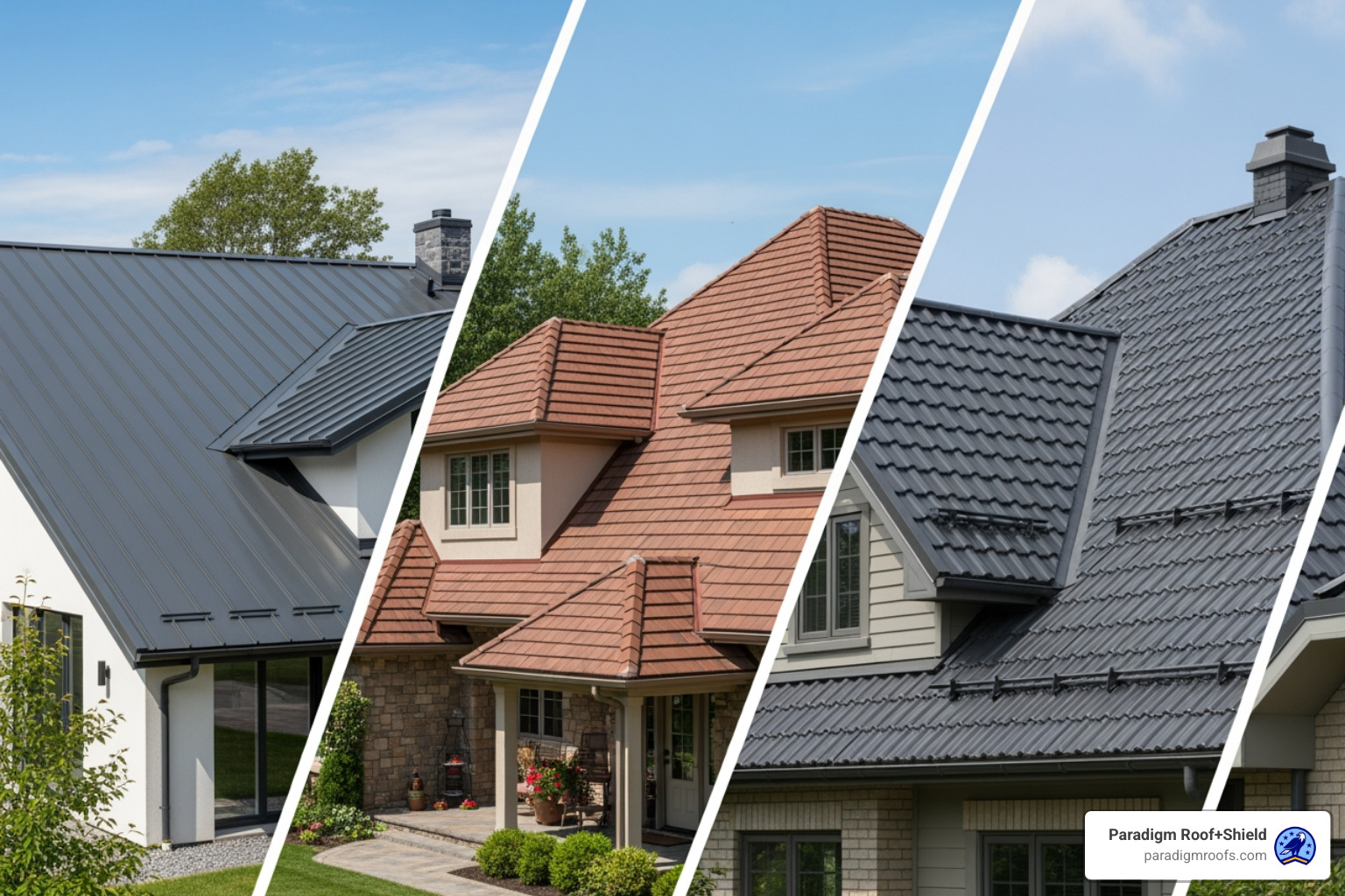 collage showing standing seam, stone-coated steel, and metal shingle roofs - mckinney metal roofing contractor collage showing standing seam, stone-coated steel, and metal shingle roofs - mckinney metal roofing contractor