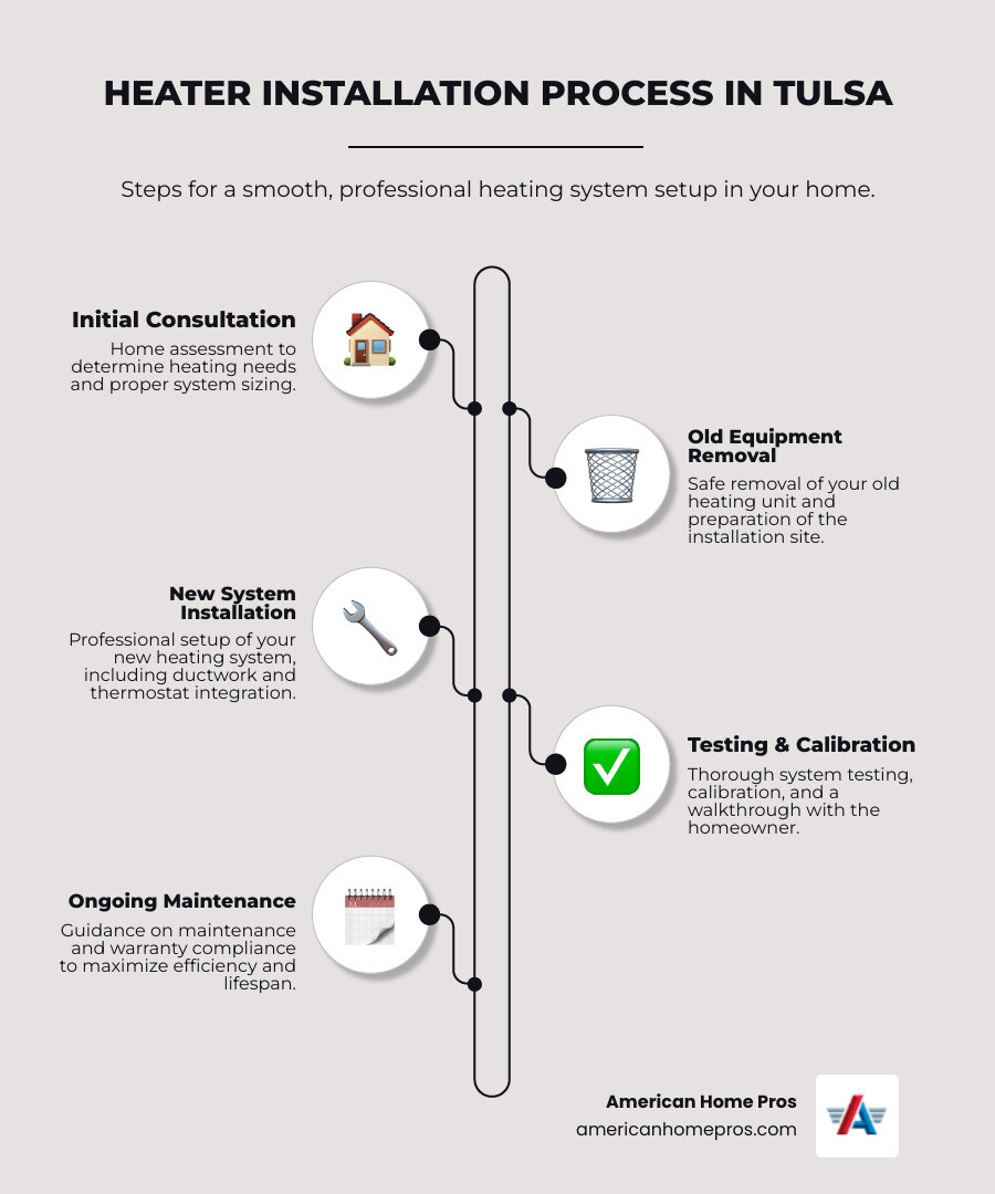 Infographic showing the heater installation process in Tulsa: Step 1 - Initial consultation and home assessment to determine heating needs and system sizing. Step 2 - Removal of old equipment and preparation of installation site. Step 3 - Professional installation of new heating system with ductwork connections and thermostat integration. Step 4 - System testing, calibration, and homeowner walkthrough. Step 5 - Ongoing maintenance and warranty compliance to maximize efficiency and lifespan. - heater installation in tulsa, ok infographic infographic-line-5-steps-elegant_beige