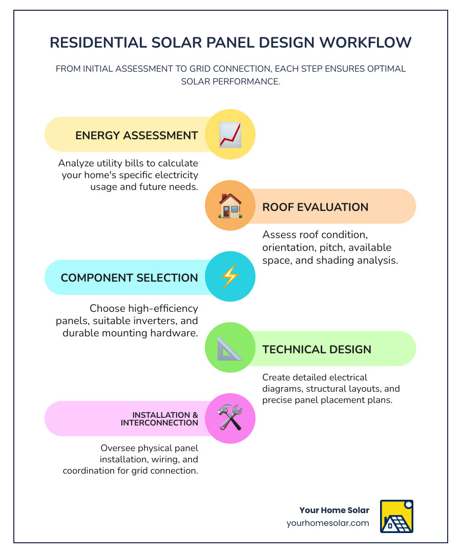 infographic showing the complete residential solar panel design workflow: home assessment, roof evaluation, system sizing calculation, component selection, technical design creation, installation planning, and utility interconnection - residential solar panel design infographic infographic-line-5-steps-colors infographic showing the complete residential solar panel design workflow: home assessment, roof evaluation, system sizing calculation, component selection, technical design creation, installation planning, and utility interconnection - residential solar panel design infographic infographic-line-5-steps-colors
