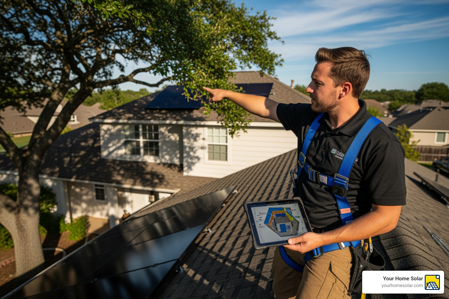 solar professional conducting a roof assessment, pointing out shading from a tree - residential solar panel design solar professional conducting a roof assessment, pointing out shading from a tree - residential solar panel design