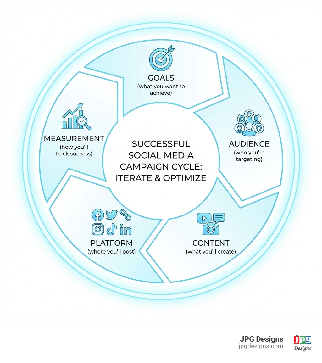 Infographic showing the core components of a successful social media campaign in a circular flow: Goals (what you want to achieve), Audience (who you're targeting), Content (what you'll create), Platform (where you'll post), and Measurement (how you'll track success) - Social media campaign ideas? infographic Infographic showing the core components of a successful social media campaign in a circular flow: Goals (what you want to achieve), Audience (who you're targeting), Content (what you'll create), Platform (where you'll post), and Measurement (how you'll track success) - Social media campaign ideas? infographic