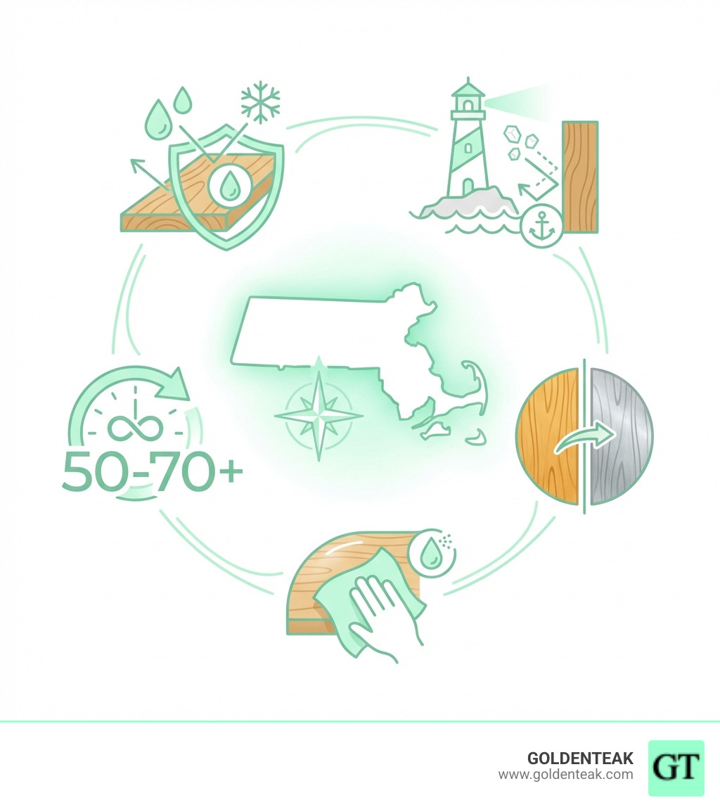Infographic showing key benefits of teak outdoor furniture for Massachusetts: Natural Weather Resistance with high oil content protecting against rain and snow, 50-70+ Year Lifespan even in harsh climates, Low Maintenance requiring only occasional cleaning, Timeless Beauty that ages gracefully to silver-gray, and Coastal Durability resisting salt air corrosion - teak outdoor Massachusetts infographic 