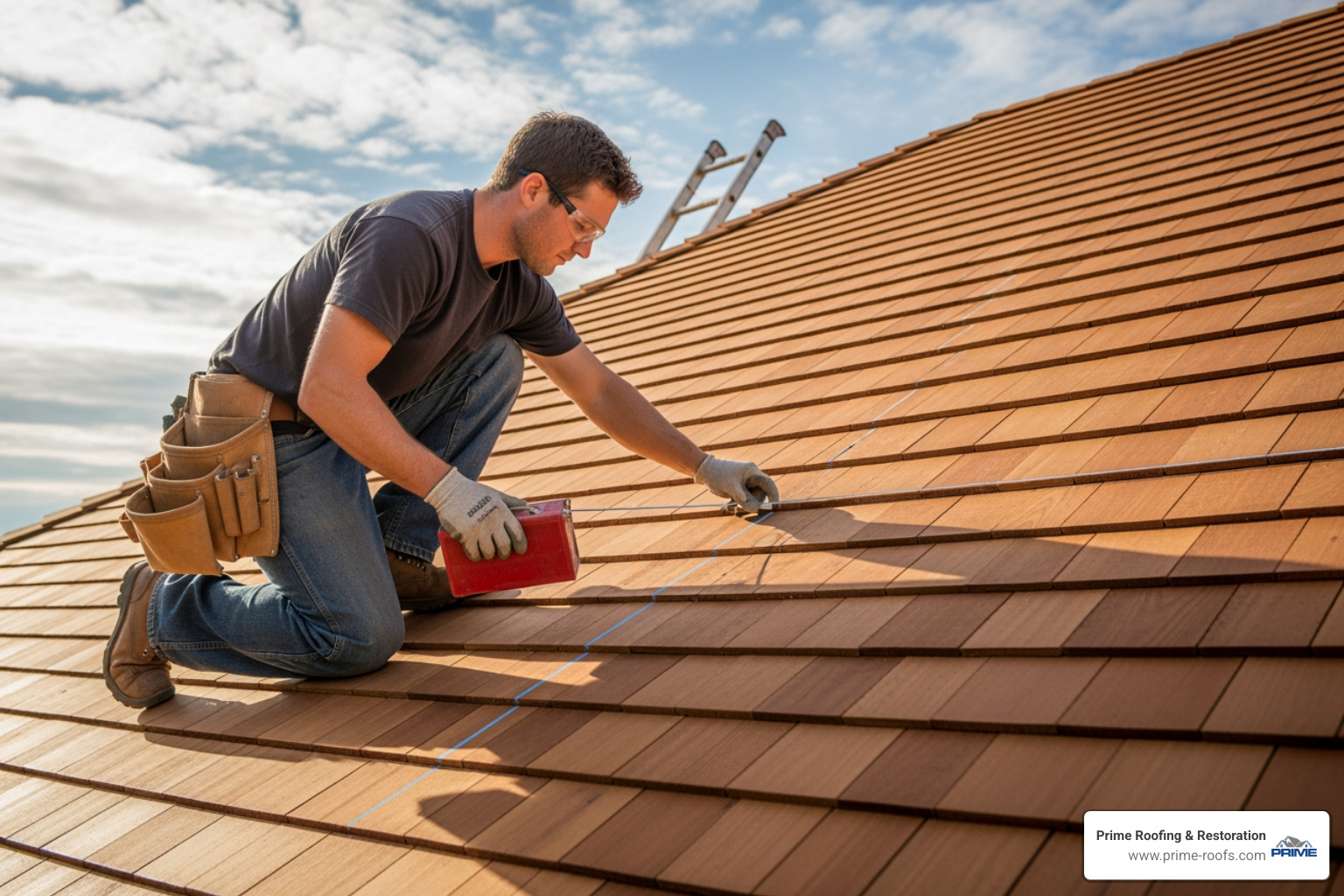 of a roofer using a chalk line to mark exposure lines on a cedar shingle roof. - cedar shingle overlap