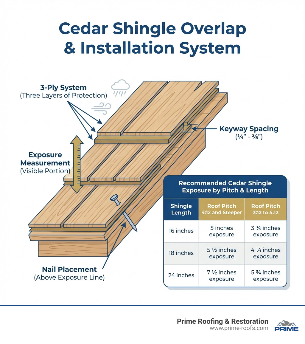 infographic showing a cross-section of a cedar shingle roof with labeled 3-ply system, exposure measurement, keyway spacing, and nail placement with recommended exposure values for different shingle lengths and roof pitches - cedar shingle overlap infographic 