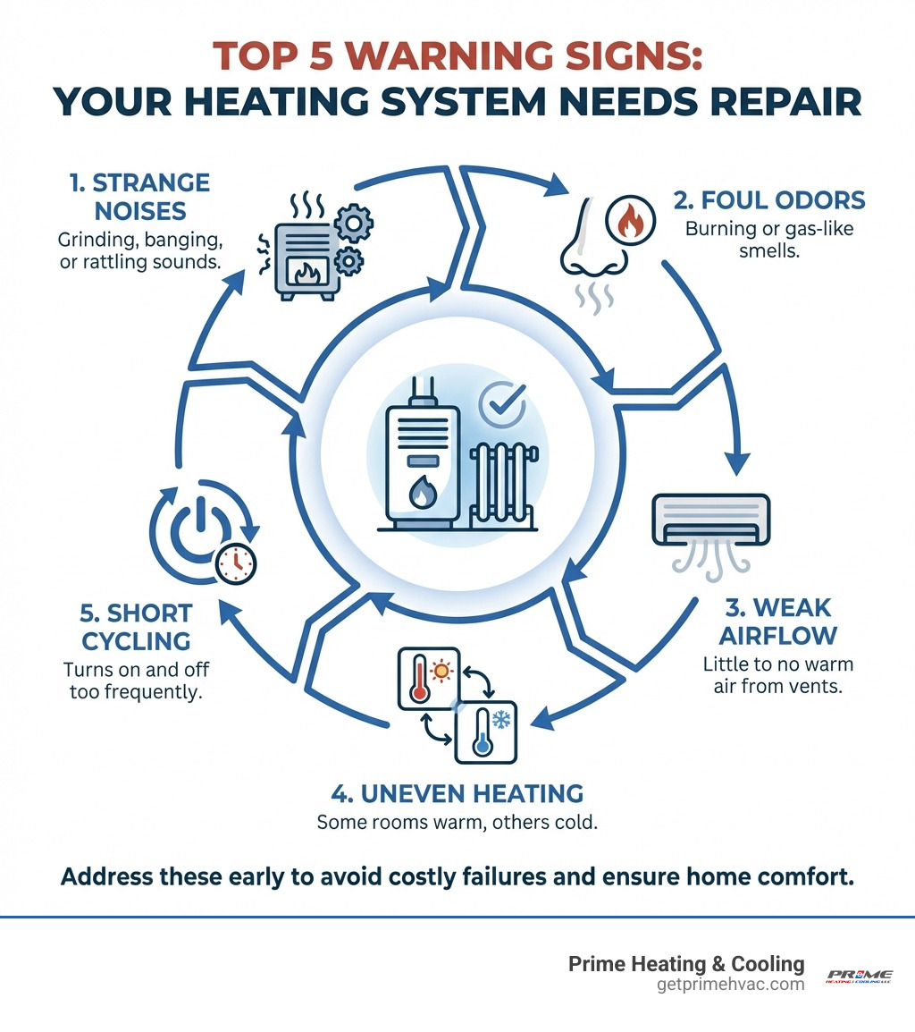 Infographic explaining the top 5 warning signs your heating system needs repair - heating repair infographic 