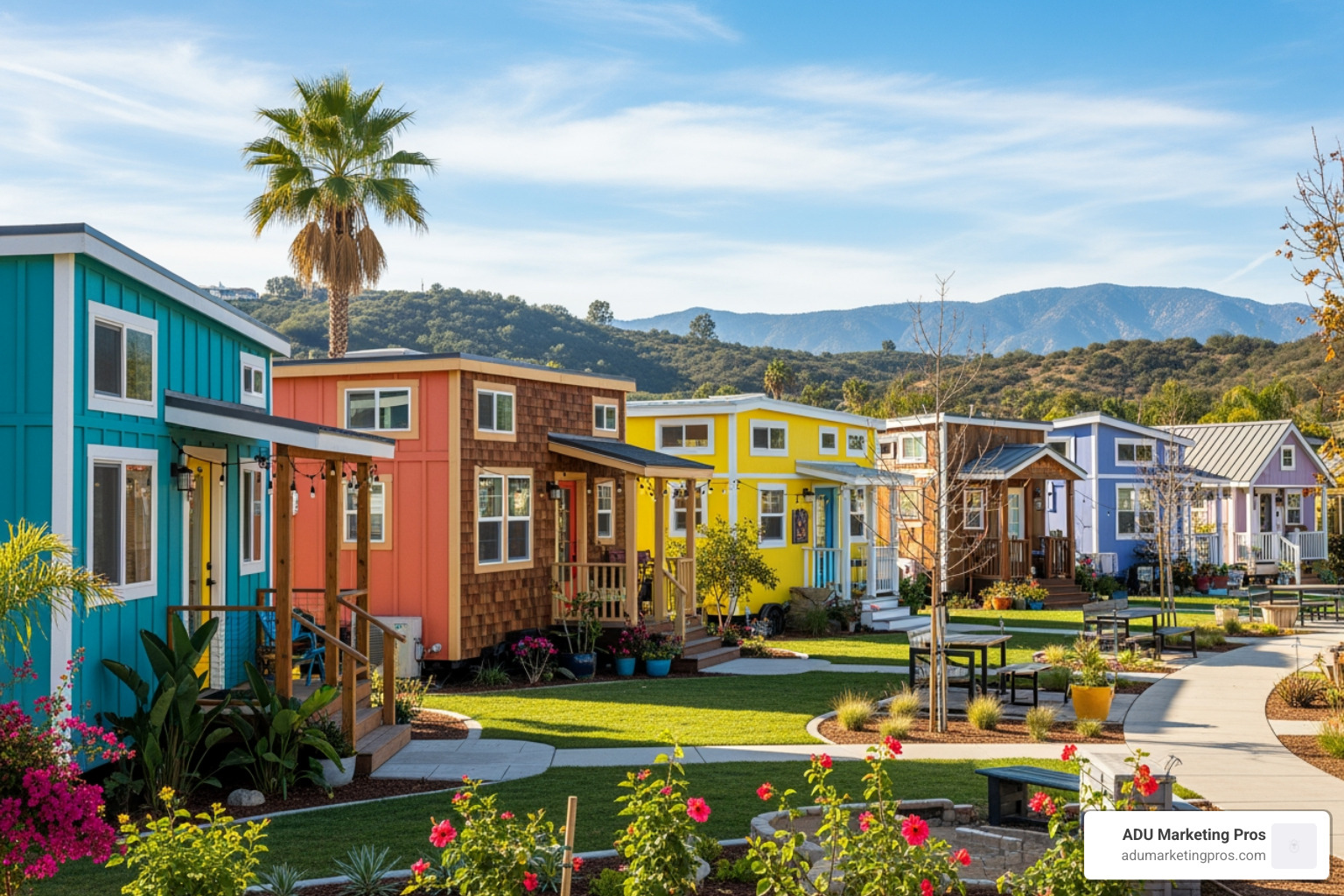 A vibrant, colorful row of unique tiny homes in a well-maintained community setting. - tiny home communities southern california