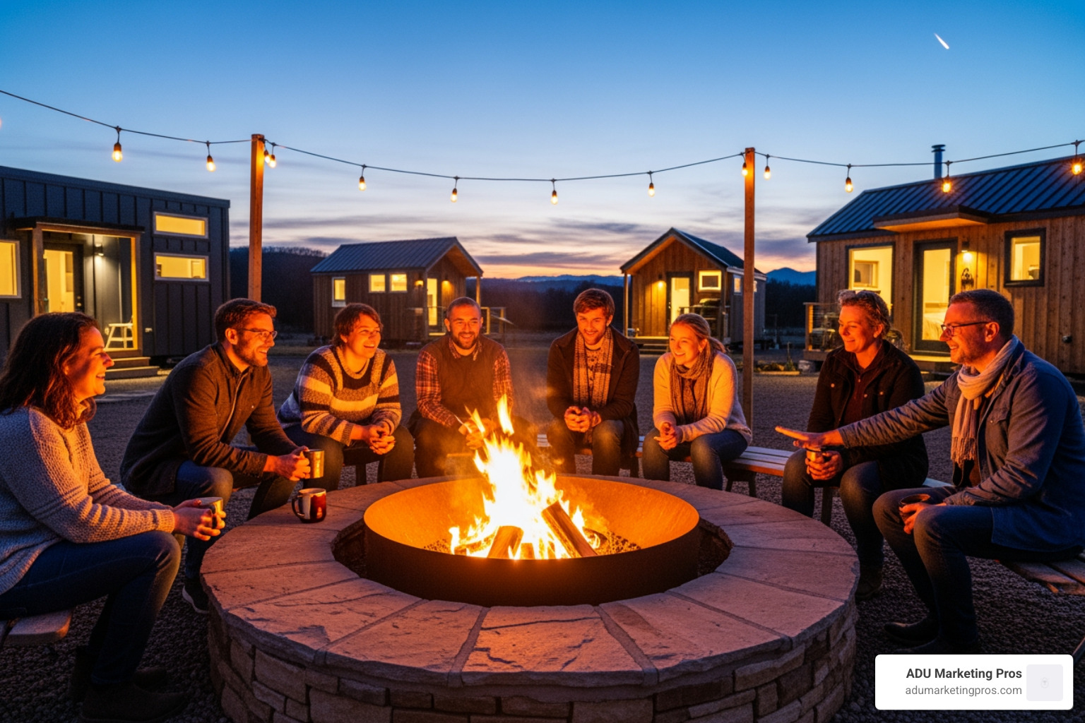 A diverse group of people laughing and talking around a communal fire pit in a tiny home village at dusk. - tiny home communities southern california