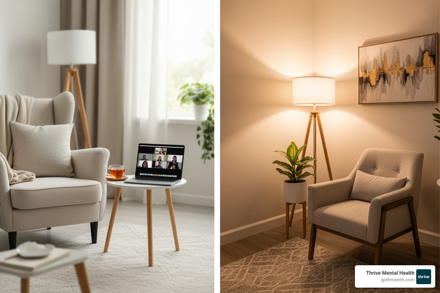 A split screen showing a comfortable home therapy setup on one side and a traditional therapist's office on the other. - best online trauma therapy