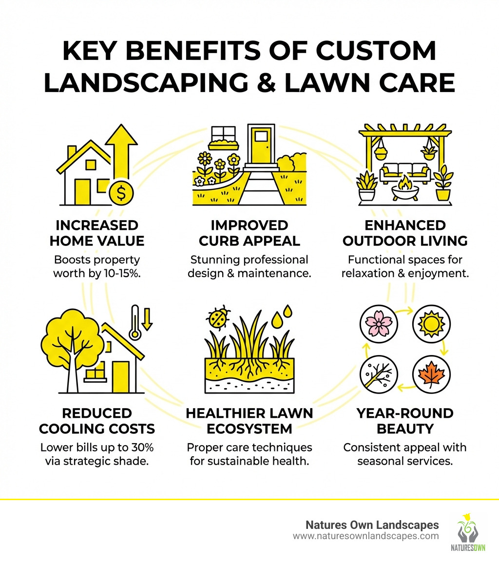 infographic showing the key benefits of custom landscaping and lawn care including increased home value, improved curb appeal through professional design and maintenance, enhanced outdoor living with functional spaces like patios and gardens, reduced cooling costs through strategic tree placement, a healthier lawn ecosystem through proper care techniques, and year-round beauty with seasonal maintenance services - custom landscaping and lawn care infographic 