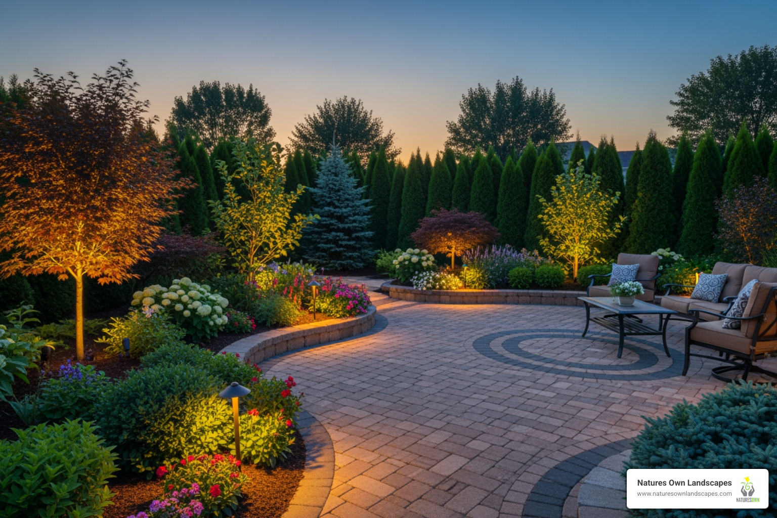 custom paver patio integrated with garden beds and landscape lighting - custom landscaping and lawn care