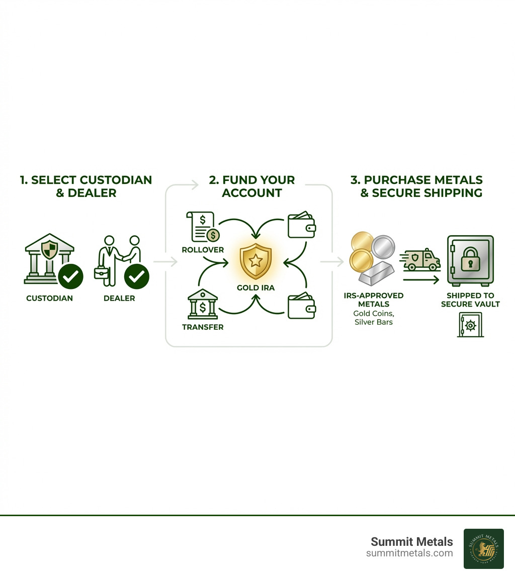 Step-by-step infographic showing the three main stages of opening a Gold IRA: selecting a custodian and dealer with checkmark icons, funding the account with arrows showing rollover and transfer options, and purchasing IRS-approved metals with images of coins and bars being shipped to a secure vault - How to open gold IRA infographic 