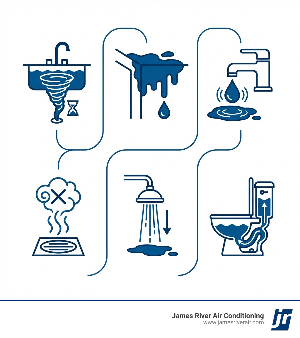 infographic showing common plumbing problem warning signs including slow drains, water stains, dripping sounds, foul odors, low pressure, and running toilets with simple icons for each - affordable plumbing repair in manakin-sabot, va infographic infographic showing common plumbing problem warning signs including slow drains, water stains, dripping sounds, foul odors, low pressure, and running toilets with simple icons for each - affordable plumbing repair in manakin-sabot, va infographic