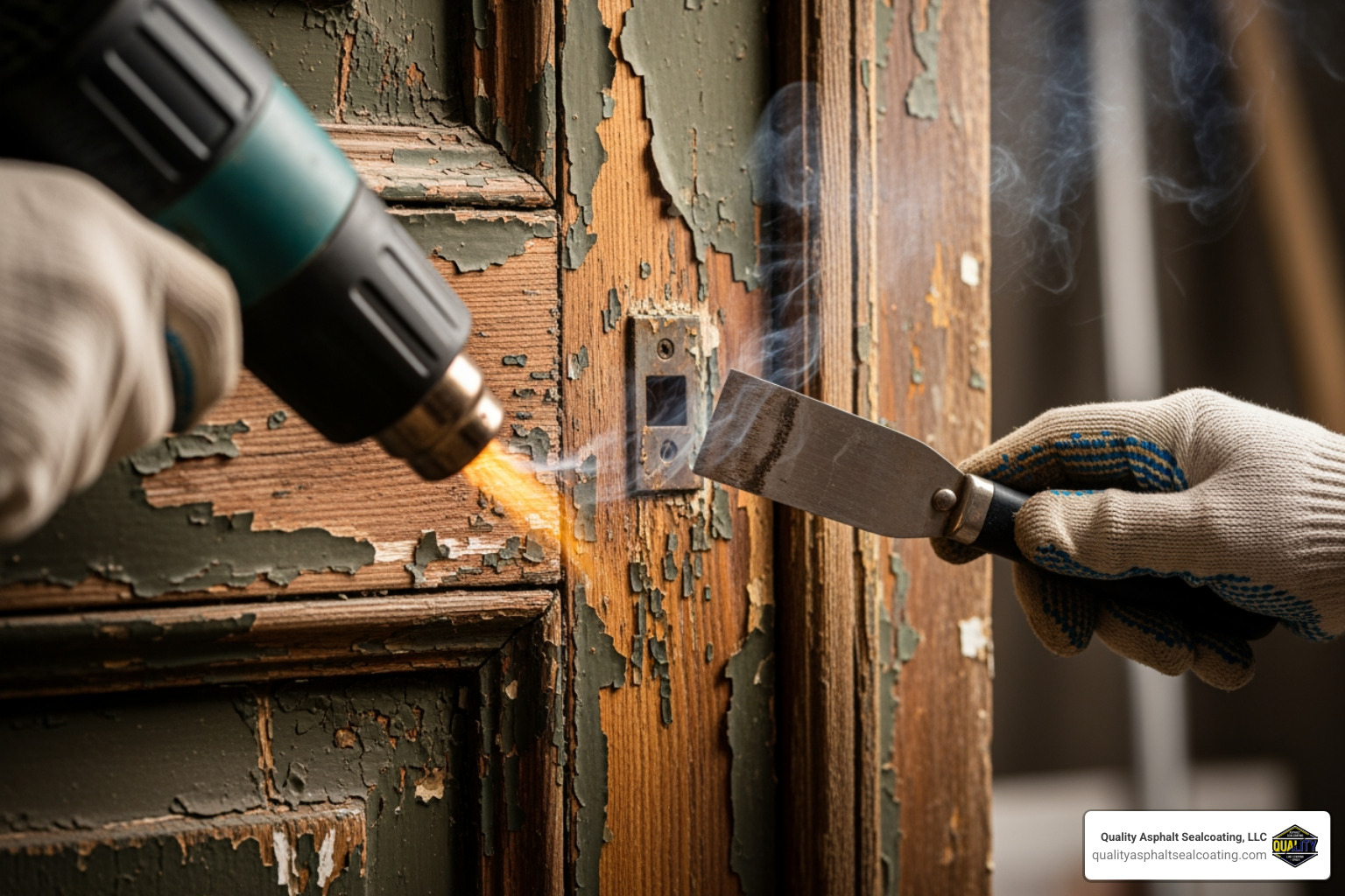 worker using a heat gun to strip old paint from a wooden door - stripping or striping