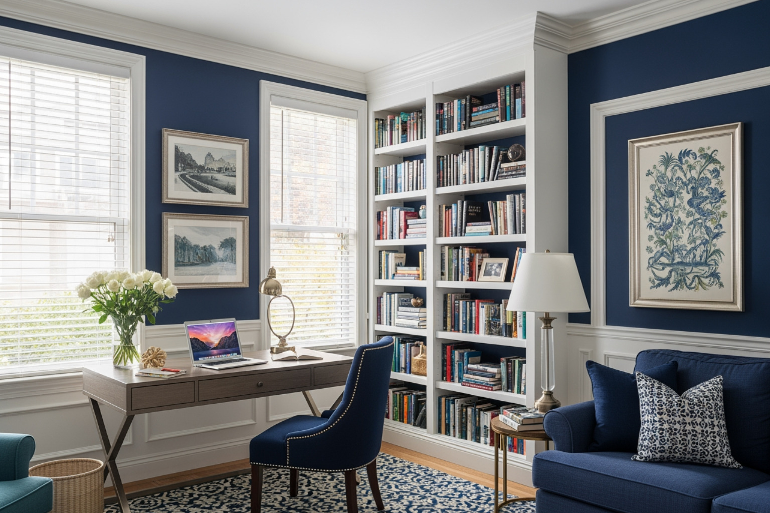 Bright, furnished living room with a desk and bookshelves, suitable for an academic - Harvard sabbatical housing