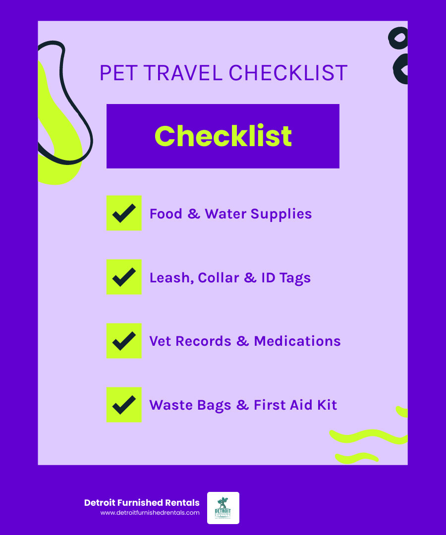 Infographic of Pet Travel Checklist: Food & Water, Leash & Collar with ID, Toys & Comfort Items, Waste Bags, Vet Records & Meds, First Aid Kit - Pet friendly options infographic checklist-fun-neon