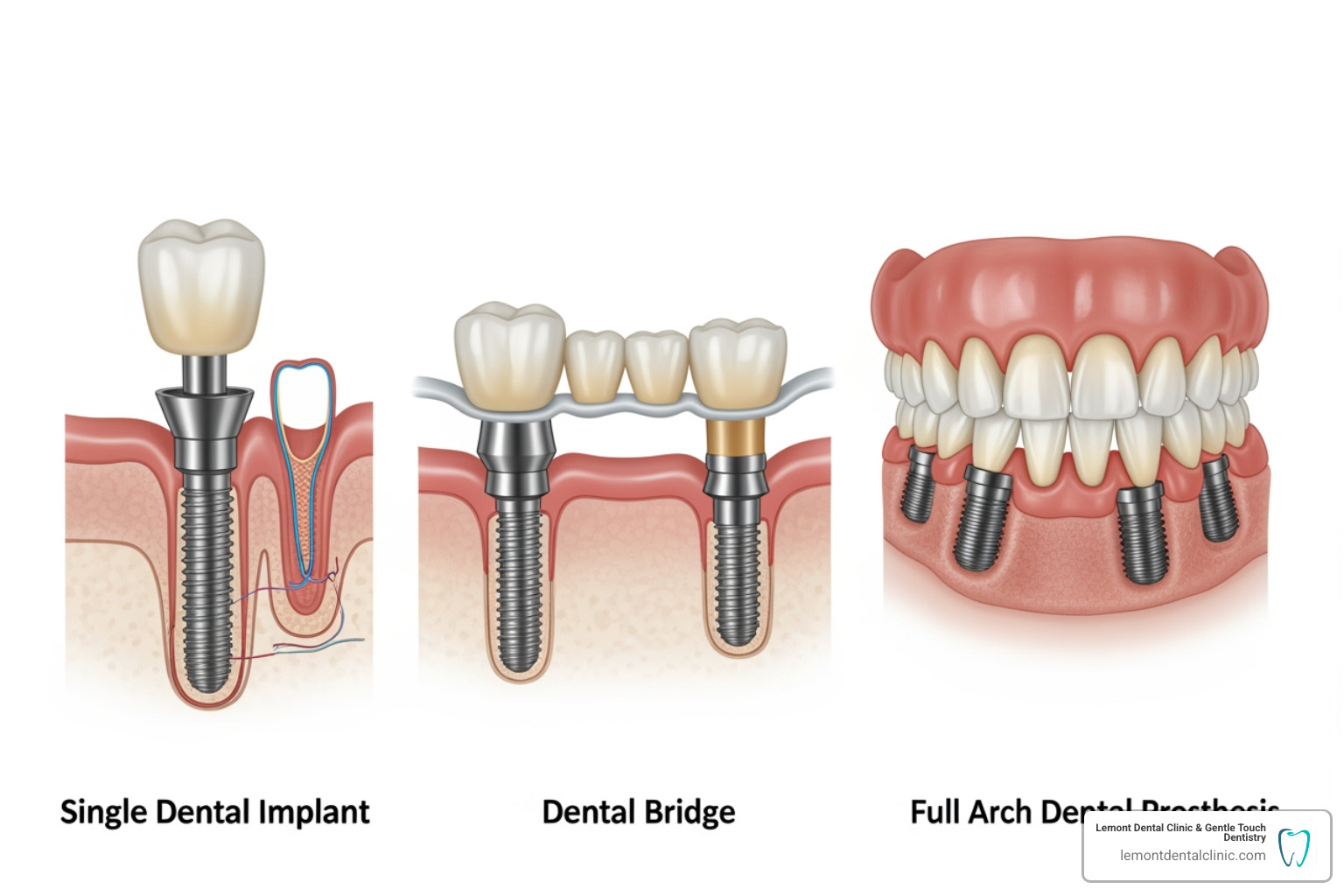 Imagen ilustrando un implante único, un puente sobre implantes y una restauración de arcada completa - implantes dentales Imagen ilustrando un implante único, un puente sobre implantes y una restauración de arcada completa - implantes dentales