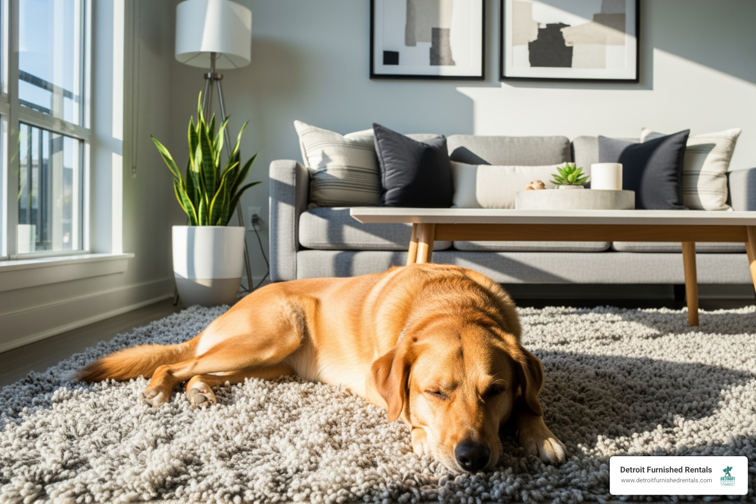 dog relaxing in modern furnished apartment - Pet friendly options