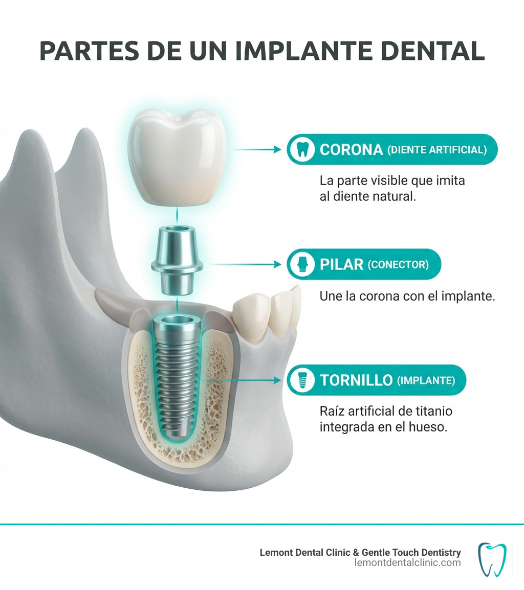 Infografía explicando las tres partes de un implante dental: el tornillo (implante), el pilar (conector) y la corona (diente artificial) - implantes dentales infographic Infografía explicando las tres partes de un implante dental: el tornillo (implante), el pilar (conector) y la corona (diente artificial) - implantes dentales infographic