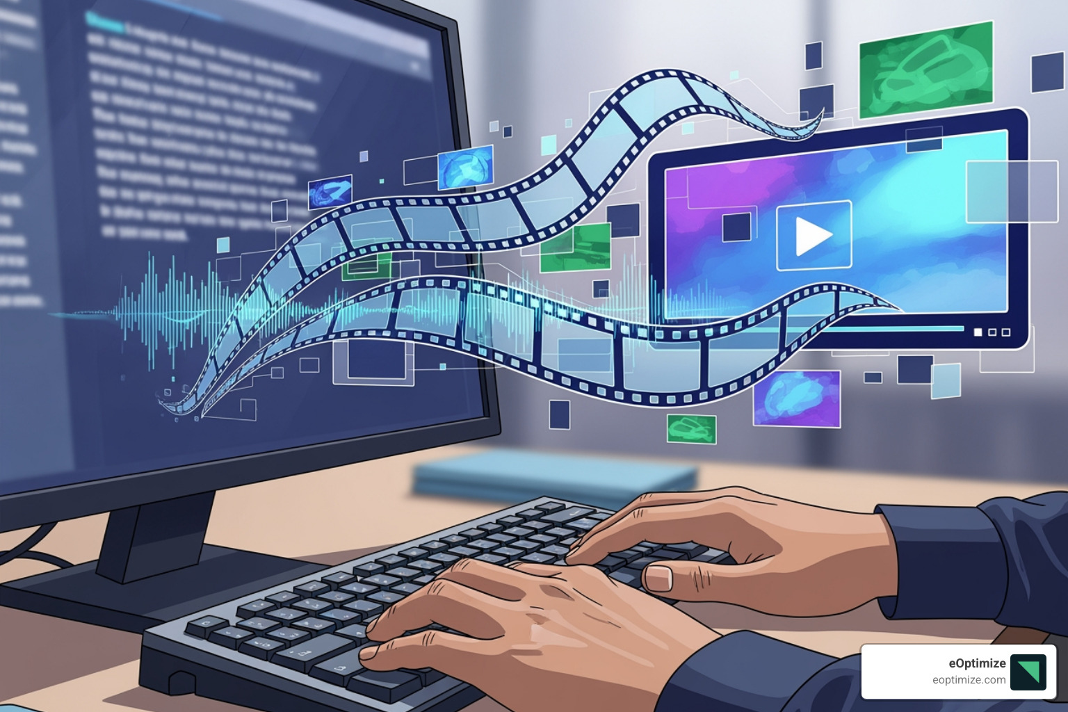 Illustration of a user typing a text prompt into an AI video generator, which then generates various visual and audio elements, leading to a complete marketing video. - AI video marketing