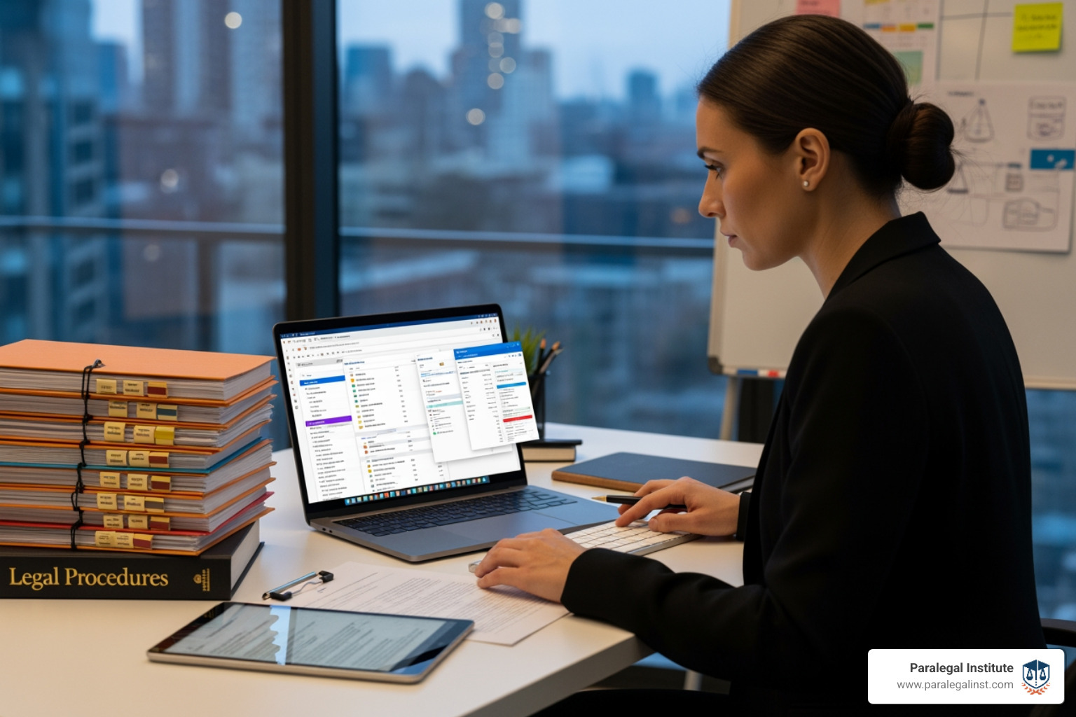 comparing a neatly organized physical file binder with a clear digital folder structure on a computer screen - paralegal case management