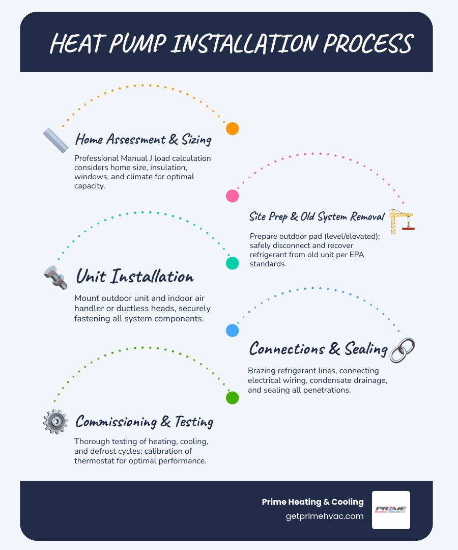 Infographic showing the heat pump installation process: 1) Professional conducts Manual J load calculation considering home size, insulation, windows, and climate. 2) Technician prepares outdoor site with level, elevated pad and disconnects old system safely recovering refrigerant per EPA standards. 3) Installer mounts outdoor unit and indoor air handler or ductless heads, securing all components. 4) Lines are brazed and connected including refrigerant lines, electrical wiring, and condensate drainage with sealed penetrations. 5) System is commissioned with thorough testing of heating, cooling, and defrost cycles plus thermostat calibration. Result: An efficiently operating heat pump providing year-round comfort with 3x the efficiency of traditional heating. - heat pump installation infographic infographic-line-5-steps-blues-accent_colors