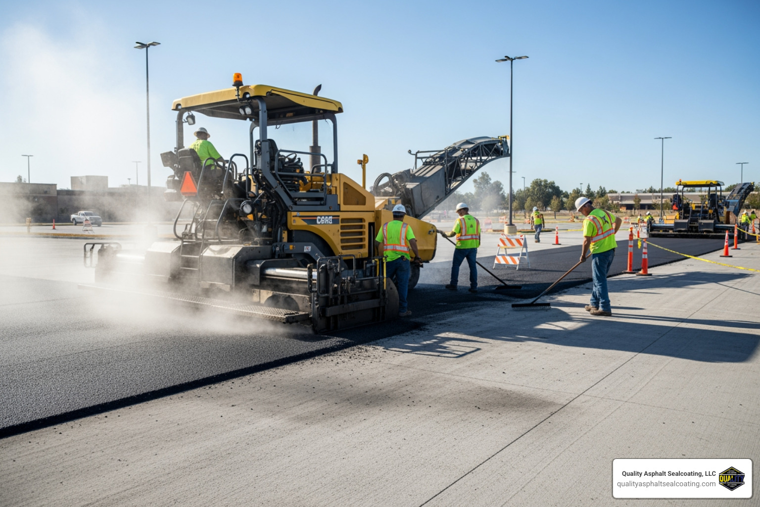 Paving machine laying fresh asphalt - parking lot maintenance
