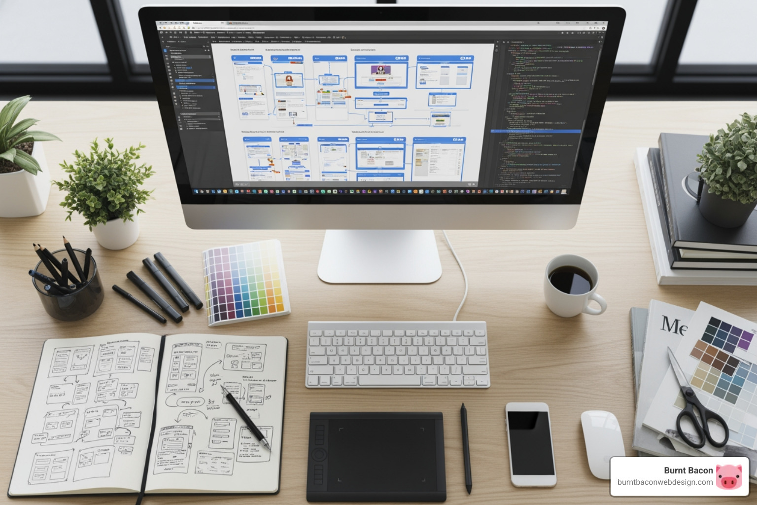 Designer's desk with wireframes and code - slc web design