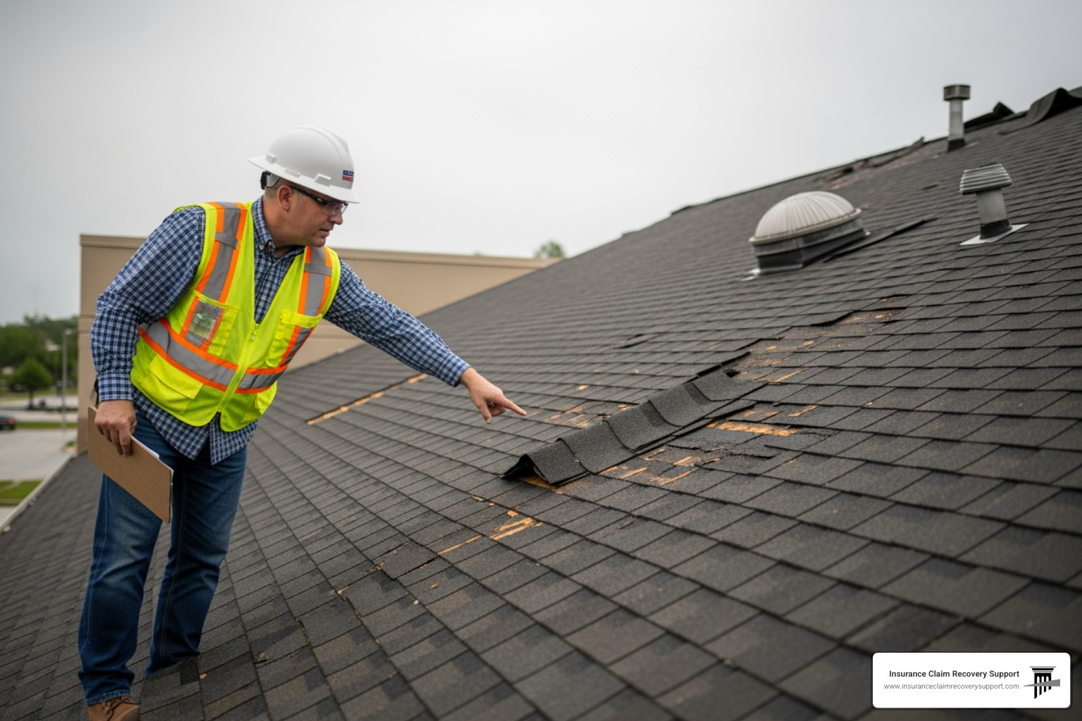Professional inspecting damaged roof shingles, documenting property damage for commercial insurance claims.