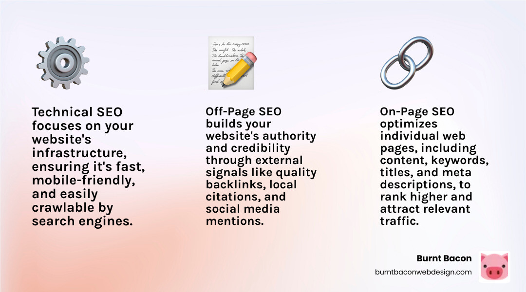 Infographic showing the 3 pillars of successful SEO strategy: Technical SEO including site speed and mobile optimization, On-Page SEO including content and keywords, and Off-Page SEO including backlinks and local citations - utah seo firm infographic 3_facts_emoji_light-gradient