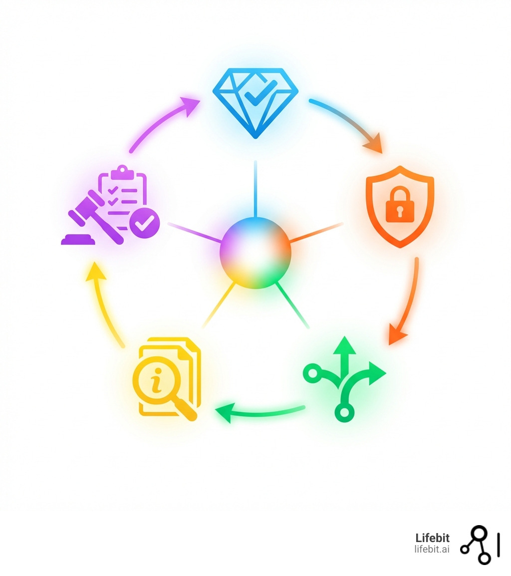 Infografía con los pilares de la gobernanza de datos: calidad, seguridad, linaje, metadatos y cumplimiento. - enterprise data governance solution infographic 