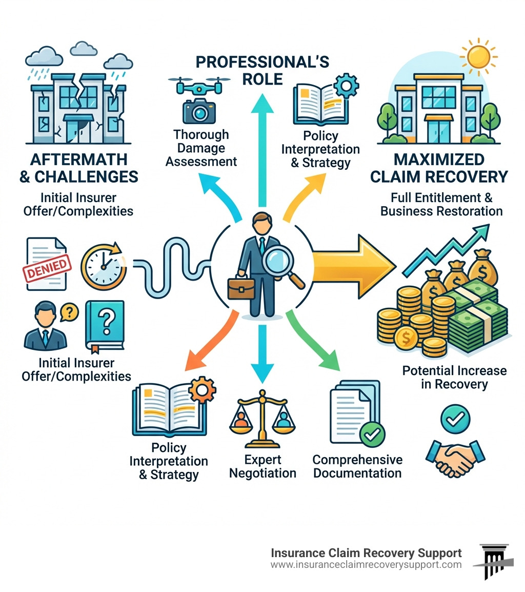 Infographic illustrating the professional role in maximizing commercial property damage claim recovery, highlighting thorough damage assessment, policy interpretation, expert negotiation, and potential increase in recovery, with icons representing challenges and processes in insurance claims.