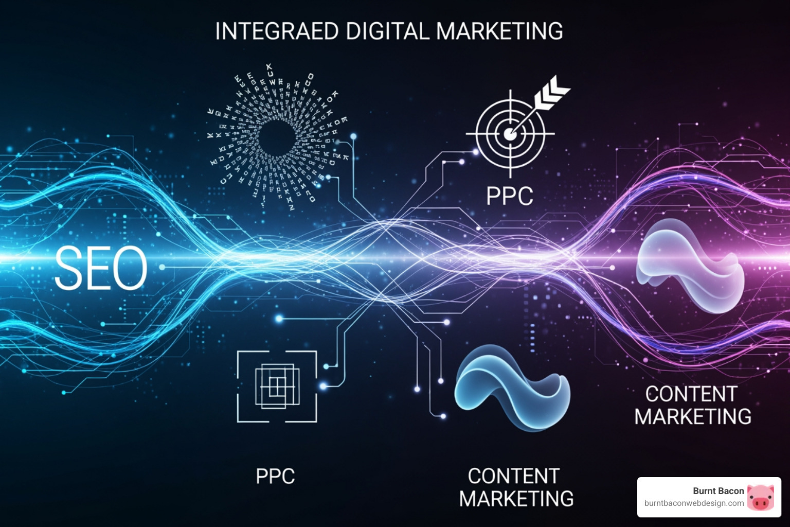 Diagram showing interconnected digital marketing services like SEO, PPC, Web Design, and Content working together - utah seo firm