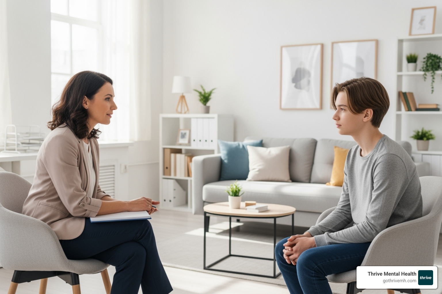 Therapist and teen in bright office, discussing adolescent PHP programs - adolescent PHP programs