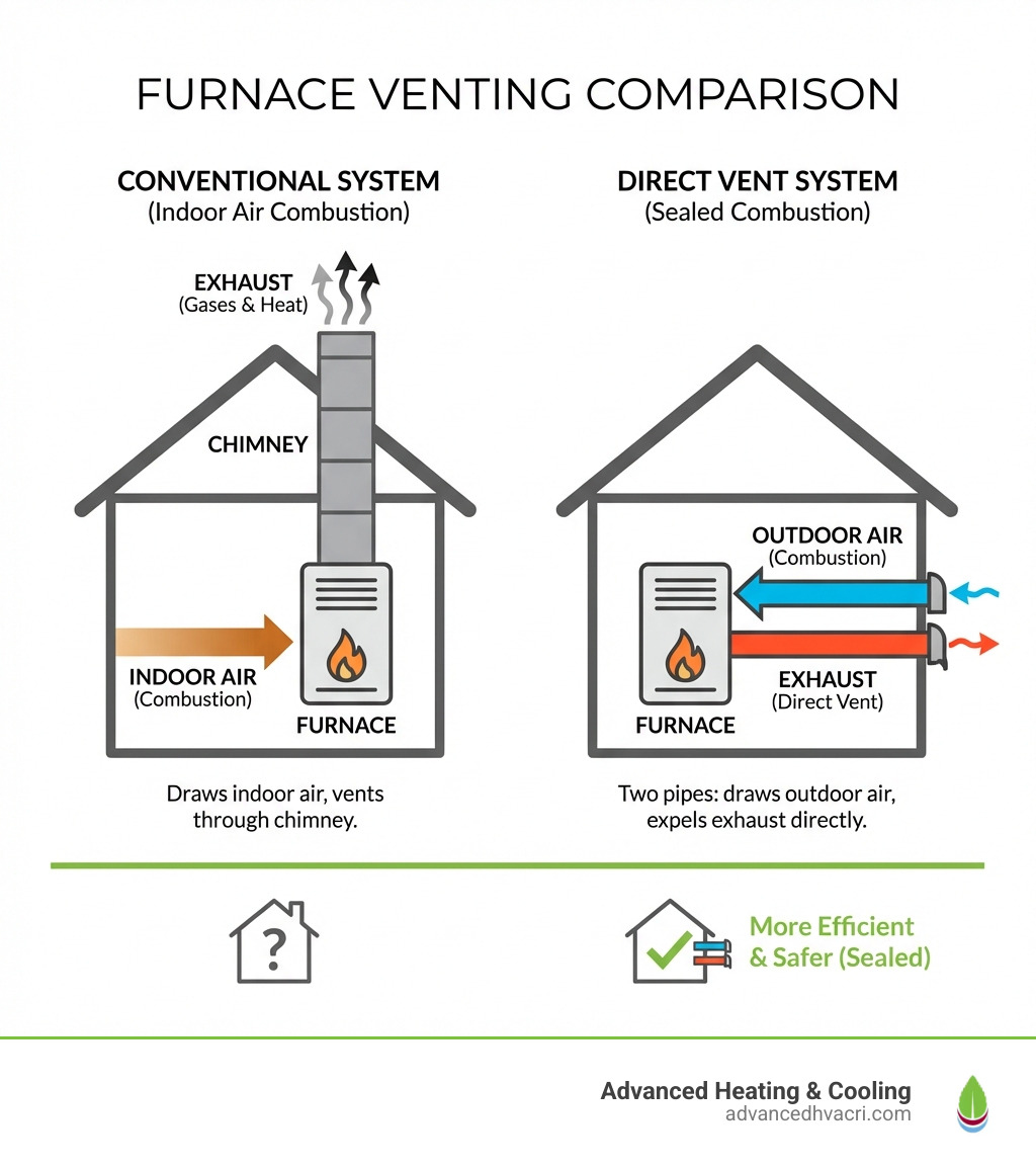 Infographic comparing conventional and direct vent furnace venting systems, showing a conventional furnace drawing indoor air for combustion and venting through a chimney, versus a direct vent furnace with two pipes, one drawing outdoor air for combustion and the other expelling exhaust gases directly outside - direct vent furnace installation infographic Infographic comparing conventional and direct vent furnace venting systems, showing a conventional furnace drawing indoor air for combustion and venting through a chimney, versus a direct vent furnace with two pipes, one drawing outdoor air for combustion and the other expelling exhaust gases directly outside - direct vent furnace installation infographic