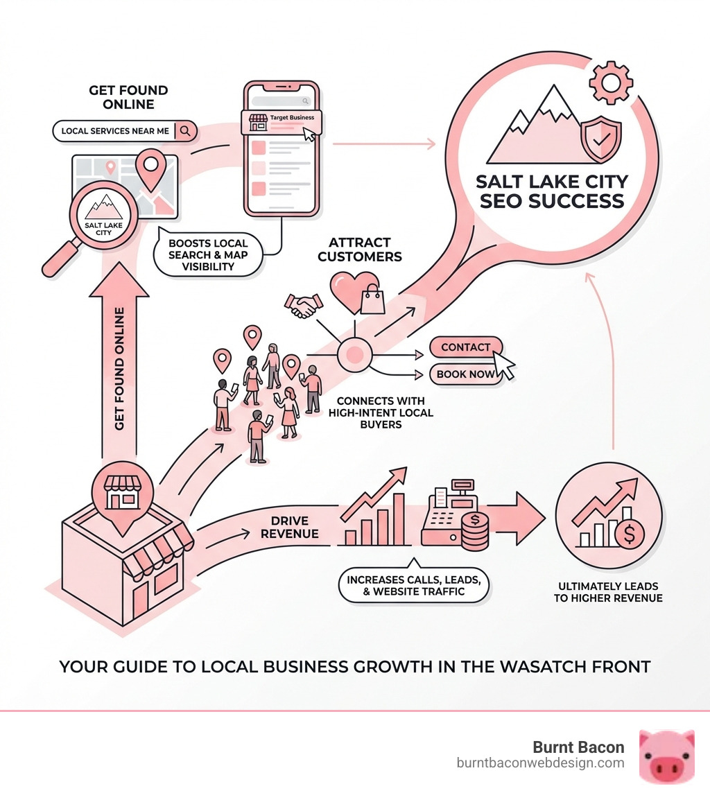 Infographic explaining how Salt Lake City SEO helps local businesses get found online, attract customers, and drive revenue - seo in salt lake city infographic 