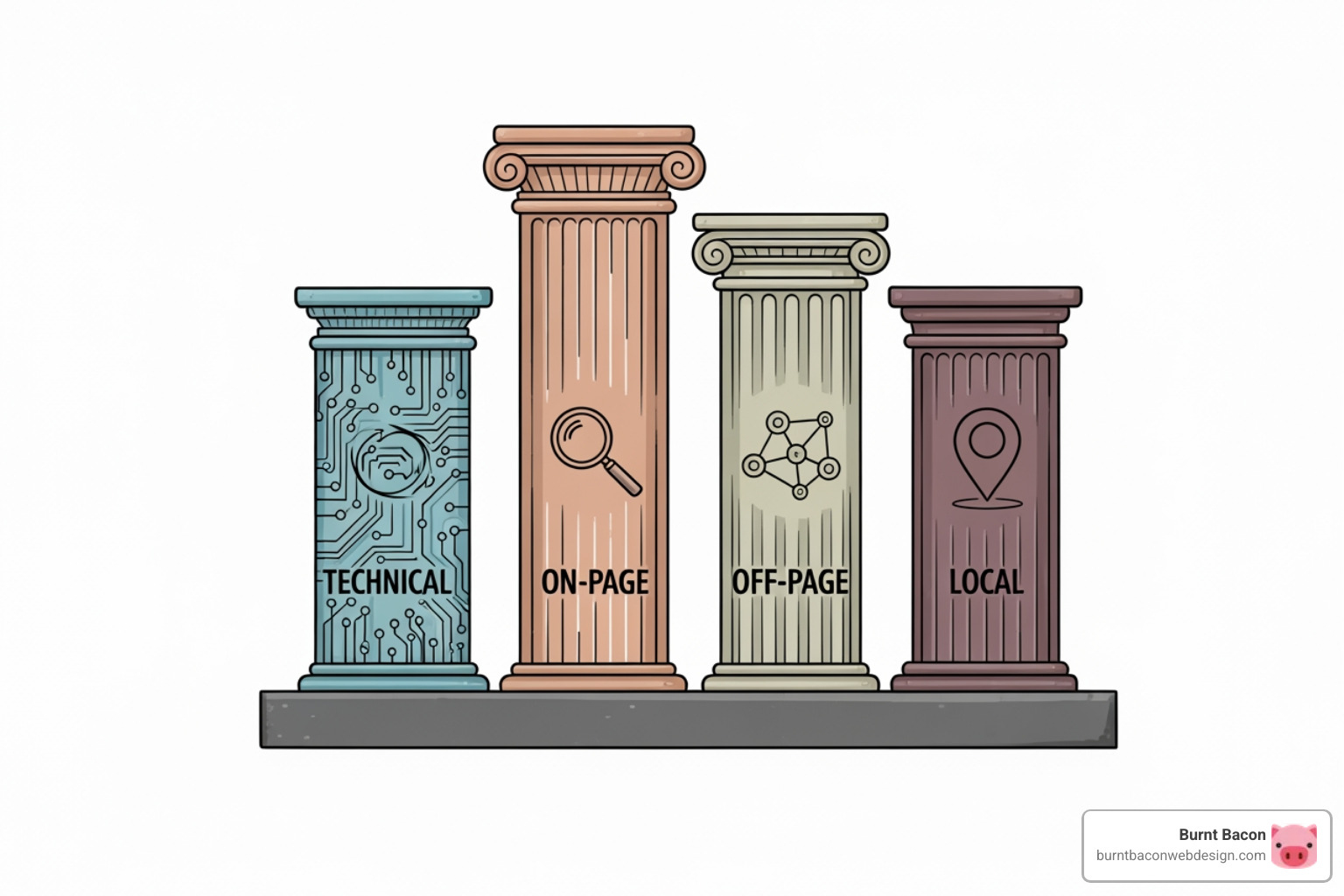 Image illustrating the four pillars of SEO: Technical, On-Page, Off-Page, and Local - salt lake city seo