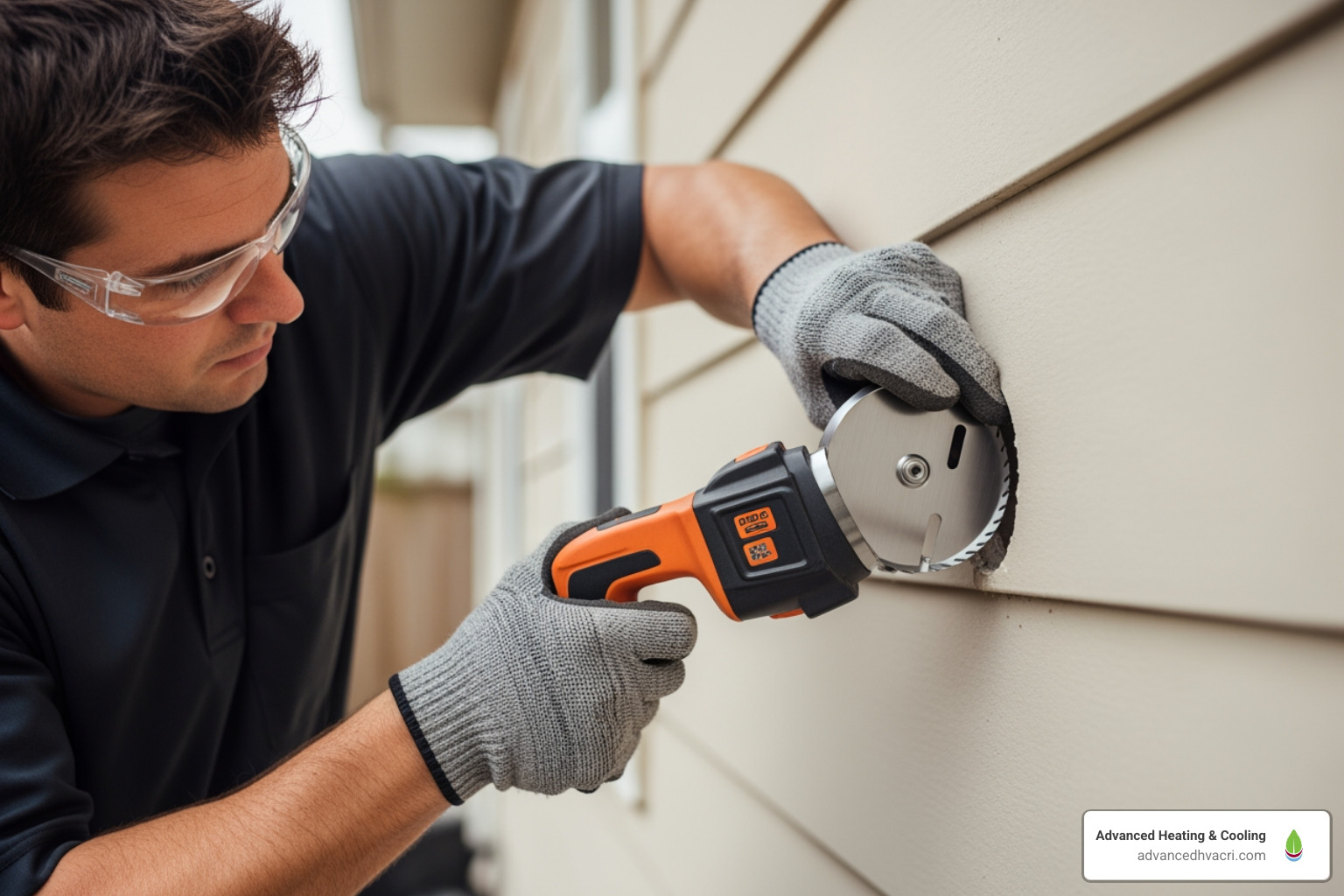 Technician cutting a precise hole in an exterior wall for a direct vent furnace exhaust pipe, demonstrating attention to detail and proper tool usage - direct vent furnace installation Technician cutting a precise hole in an exterior wall for a direct vent furnace exhaust pipe, demonstrating attention to detail and proper tool usage - direct vent furnace installation